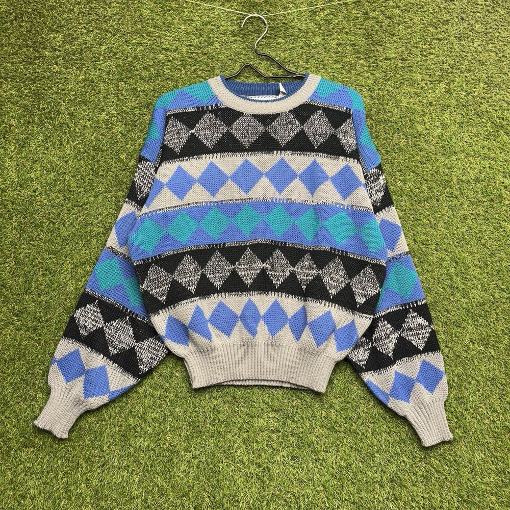 Vintage Saturdays Sweater Mens XL Teal Geometric Acrylic 80s Pullover Argyle